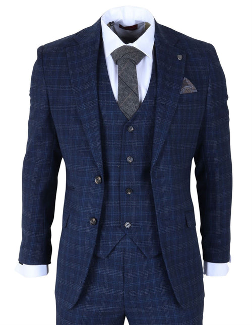 Men's Navy Blue Plain Check 3 Piece Suit Slim Fit Formal Suit