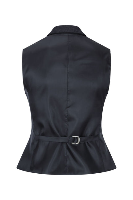 Womens Black Herringbone Check Tweed Waistcoat Wool Blend Vest
