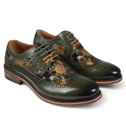 Justin Reess Men's Green Leather Floral Print Brogue Dress Shoes - Ross