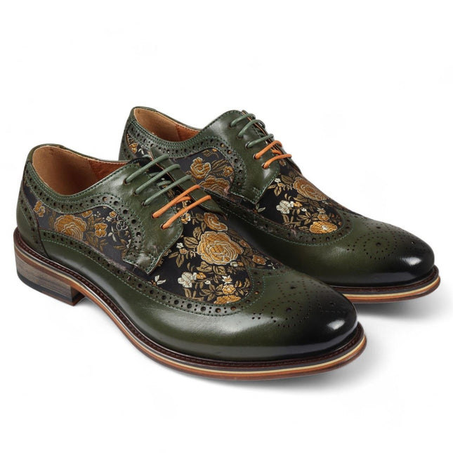 Justin Reess Men's Green Leather Floral Print Brogue Dress Shoes - Ross