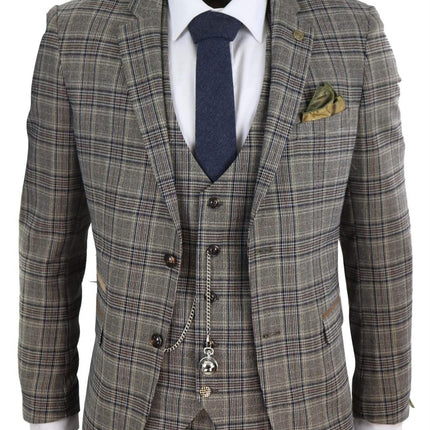 Mens 3 Piece Tan Brown Herringbone Check Suit