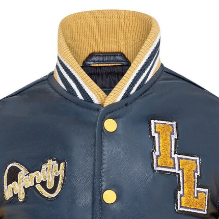 Kids Blue Letterman Leather Varsity College Bomber Jacket
