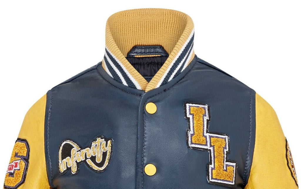 Kids Blue Letterman Leather Varsity College Bomber Jacket