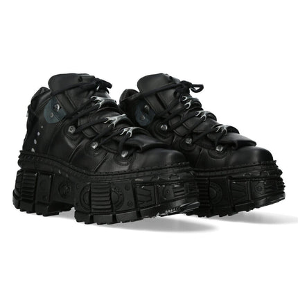 New Rock Metallic Ankle Black Leather Boots-WALL106-S12