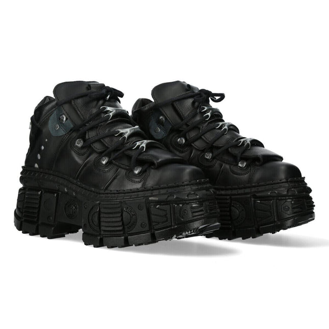 New Rock Metallic Ankle Black Leather Boots-WALL106-S12