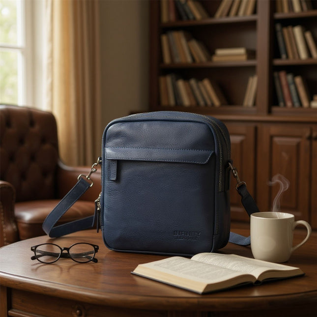 Genuine Leather Navy Vintage Messenger Crossbody Travel Bag - Hawthrone