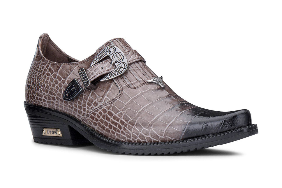 Men's Brown Croc Leather Winklepicker Cuban Biker Boots