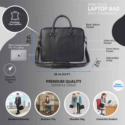 Genuine Leather Black Laptop Business Briefcase Office Work Travel Bag - Sutton