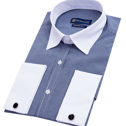 Mens Club Collar Navy Blue Shirt 1920s Peaky Blinders With Bar Poplin Pin Smart