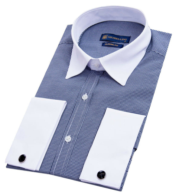 Mens Club Collar Navy Blue Shirt 1920s Peaky Blinders With Bar Poplin Pin Smart
