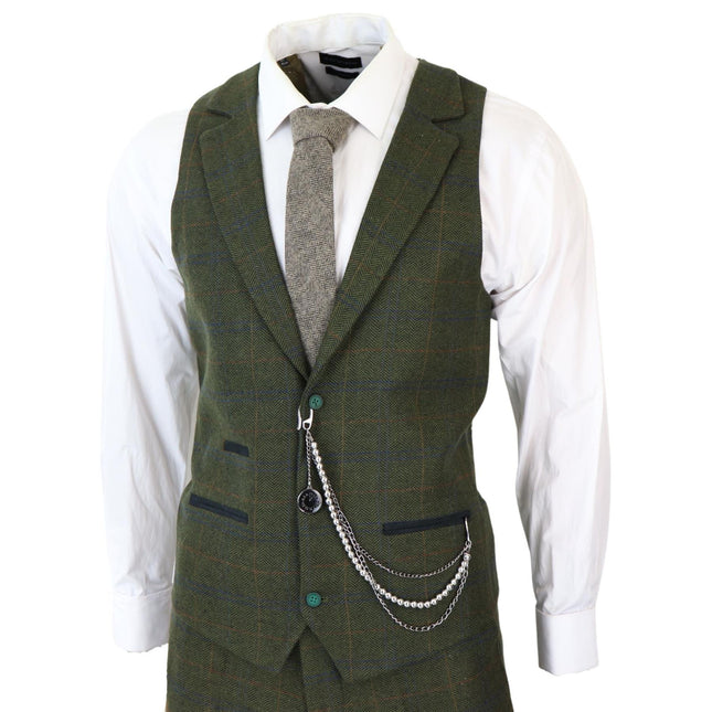 Mens 3 Piece Wool Suit Olive Green Tweed Check Peaky Blinders 1920 Gatsby Formal