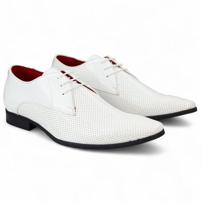 Men’s White Pointed Toe Formal Lace Up Perforated Shoes