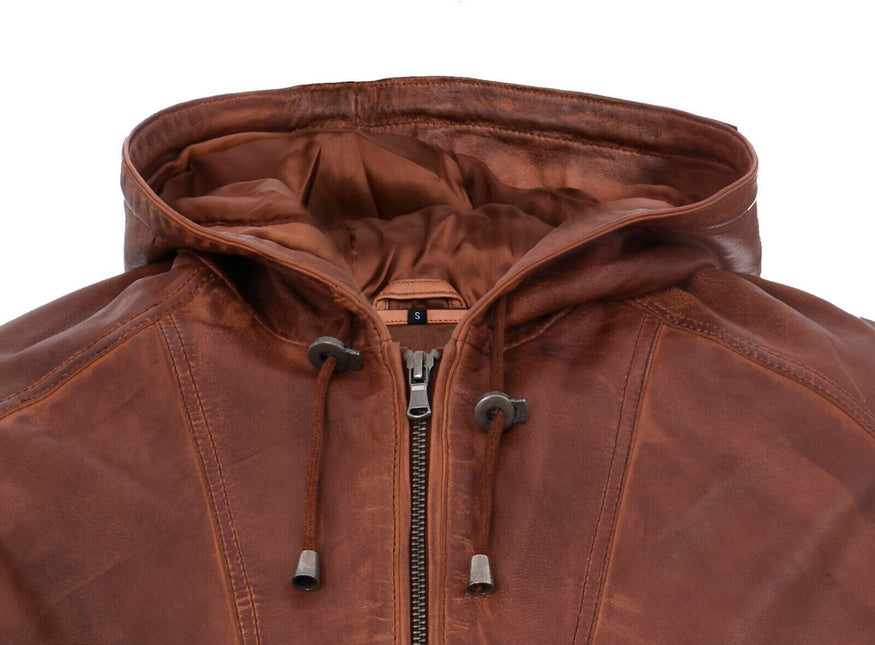 Men’s Casual Leather Hooded Bomber Jacket-Odesa