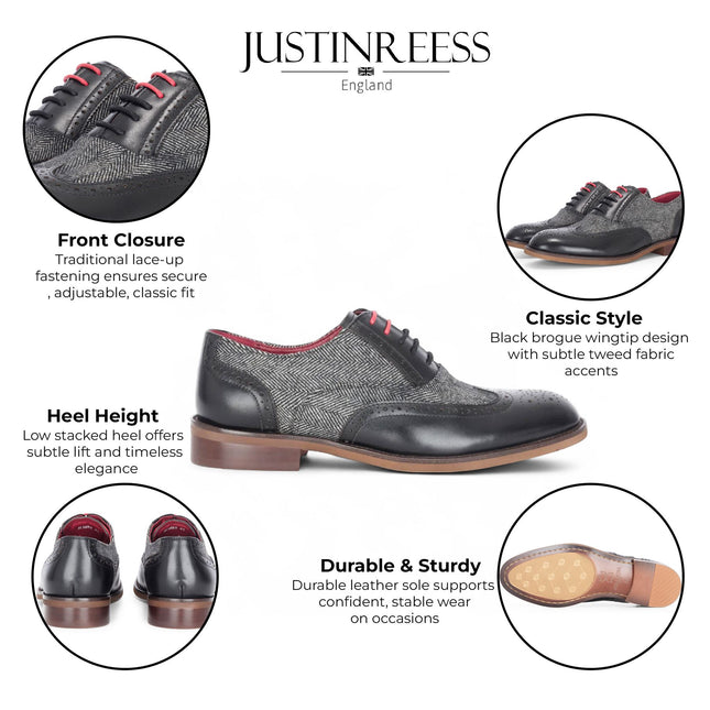 Justin Reess Men's Black Leather Tweed Brogue Shoes - Albert