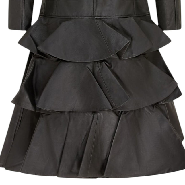Womens Goth Black Leather High Collar Victorian Flare Tailcoat - Challa