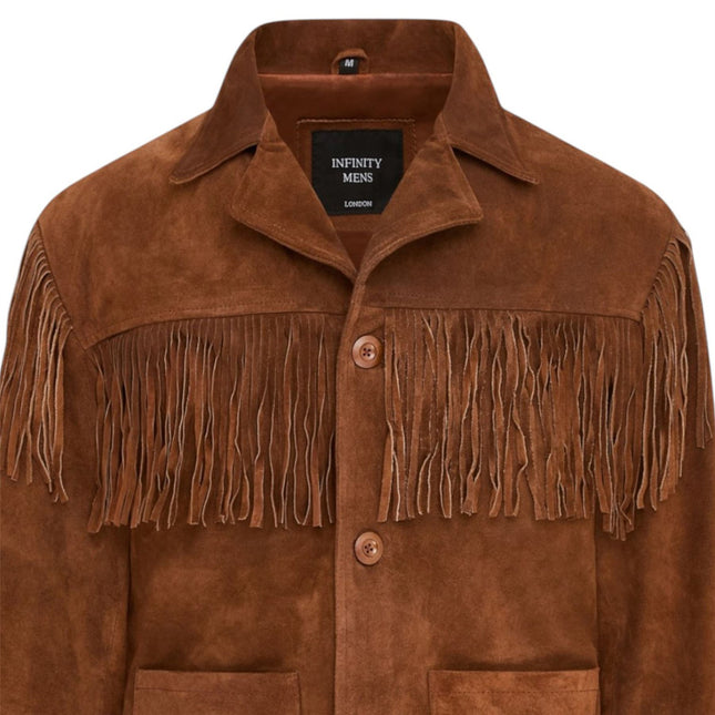 Men's Retro Tan Cowboy Suede Leather Fringe Jacket - Western