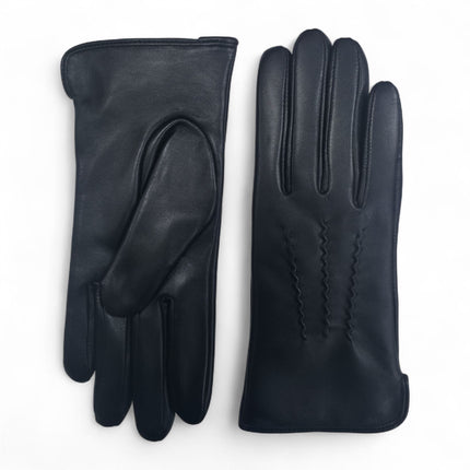 Womens Black Italian Leather Winter Stitch Line Design Soft Wool Lining Gloves - L-GLV-301
