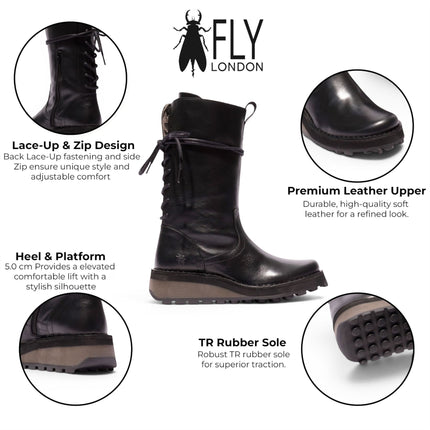 Fly London Women’s Black Leather Mid-Calf Long Boots - HEIG229