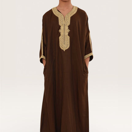 Kids Boys Ramadan Brown Moroccan Thobe Robe Djellaba Gandoura Eid Jubba- K-HM67