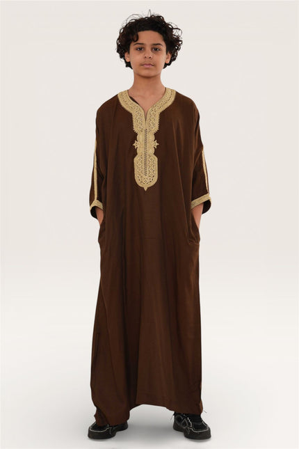 Kids Boys Ramadan Brown Moroccan Thobe Robe Djellaba Gandoura Eid Jubba- K-HM67