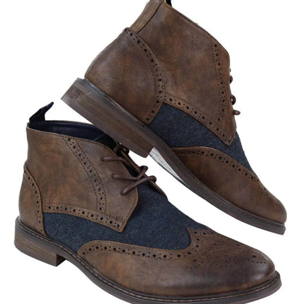 Mens Classic Tweed Oxford Brogue Ankle Boots In Brown Leather