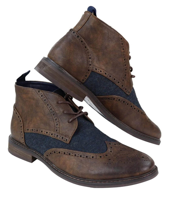 Mens Classic Tweed Oxford Brogue Ankle Boots In Brown Leather