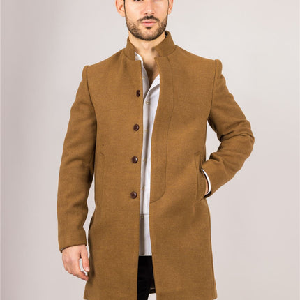 Men's Tan Stand Collar Wool Blend Overcoat