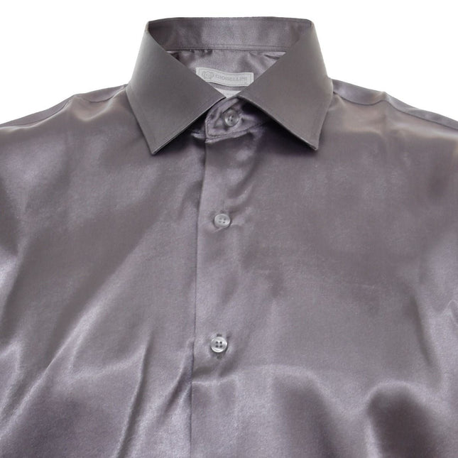 Mens Silver Satin Silk Shirt Smart Casual Button Down Cuff Tailored Fit