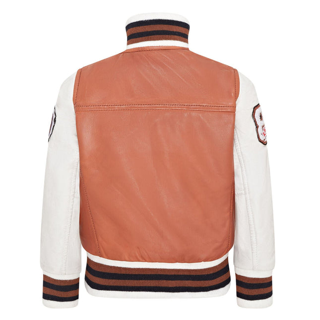 Kids Tan Letterman Leather Varsity College Bomber Jacket