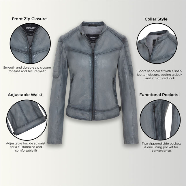 Womens Retro Biker Quilted Vintage Leather Fitted Motorcycle Jacket