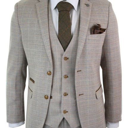 Mens 3 Piece Beige Tweed Check Vintage Retro Suit