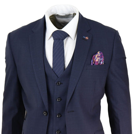 Mens 3 Piece Navy Blue Tailored Fit Retro Classic Suit