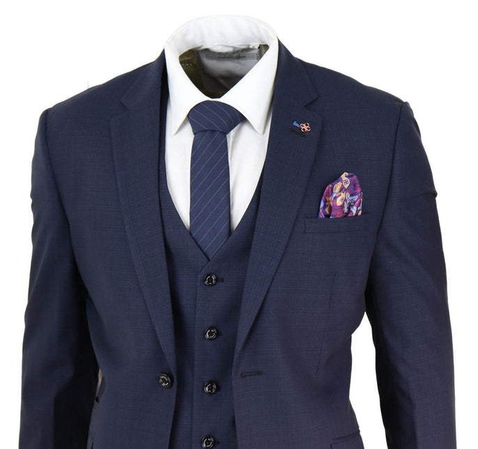 Mens 3 Piece Navy Blue Tailored Fit Retro Classic Suit