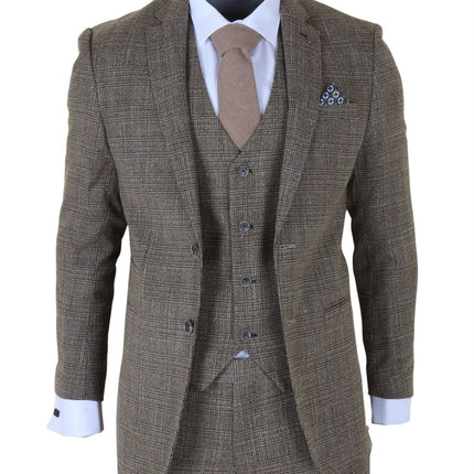 Men's 3-Piece Brown Classic Check Suit Slim Fit Plain Formal Party Suit