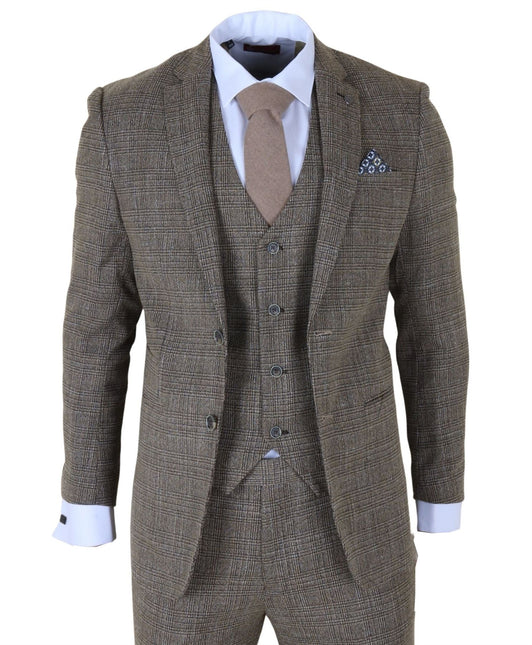 Men's 3-Piece Brown Classic Check Suit Slim Fit Plain Formal Party Suit