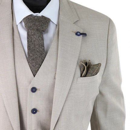 Mens 3 Piece Cream Linen Summer Spring Classic Suit