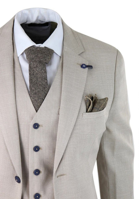 Mens 3 Piece Cream Linen Summer Spring Classic Suit