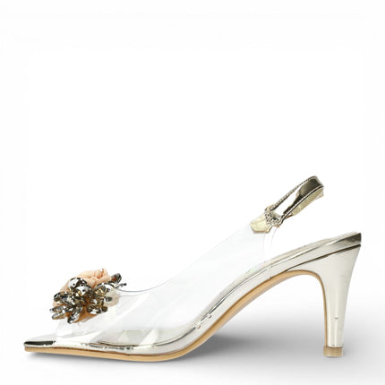 Laura Vita Women’s Mira 05 Clear Golden Slip-On Cinderella Heel Sandals