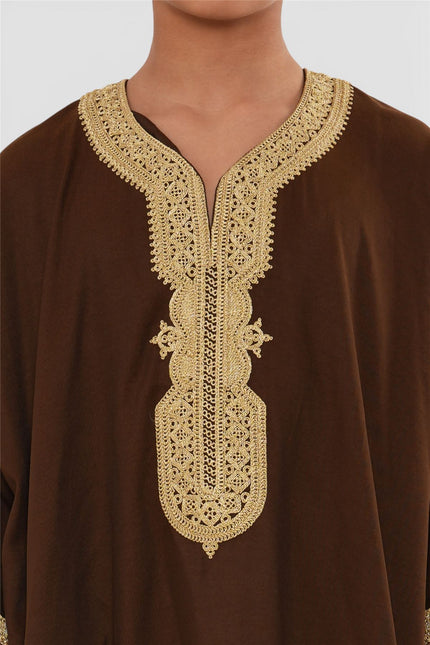 Kids Boys Ramadan Brown Moroccan Thobe Robe Djellaba Gandoura Eid Jubba- K-HM67