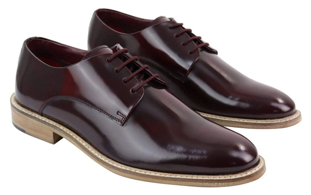 Mens Retro Oxford Brogue Derby Shoes In Wine Patent Leather
