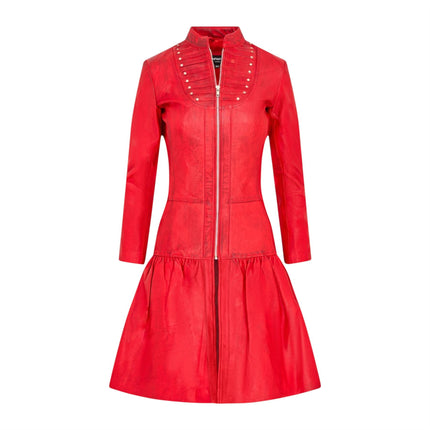 Womens Goth Red Leather Victorian Studded Flare Coat- Ribet