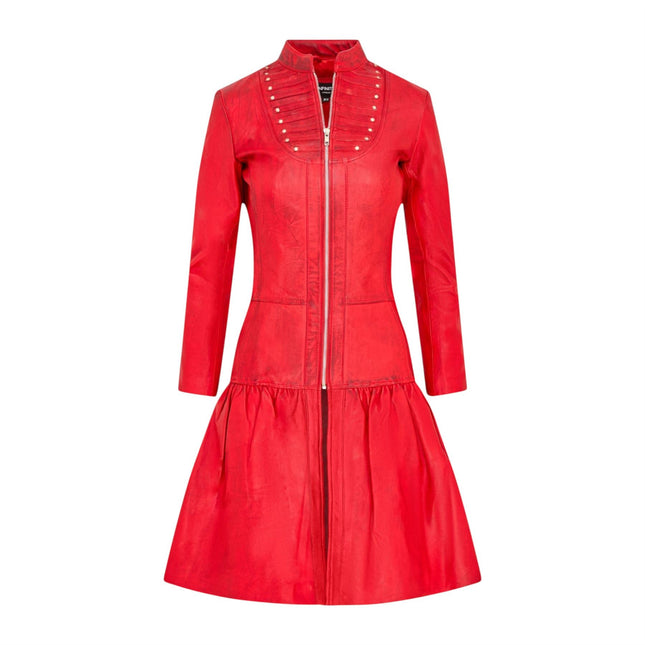 Womens Goth Red Leather Victorian Studded Flare Coat- Ribet