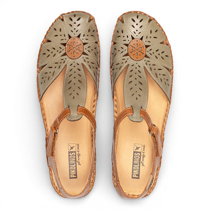 Pikolinos Women’s Tan Green Leather Cushioned Wedge Sandal Shoes - P-Vallarta
