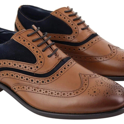 Mens Retro Oxford Navy Suede Brogue Shoes In Tan Leather