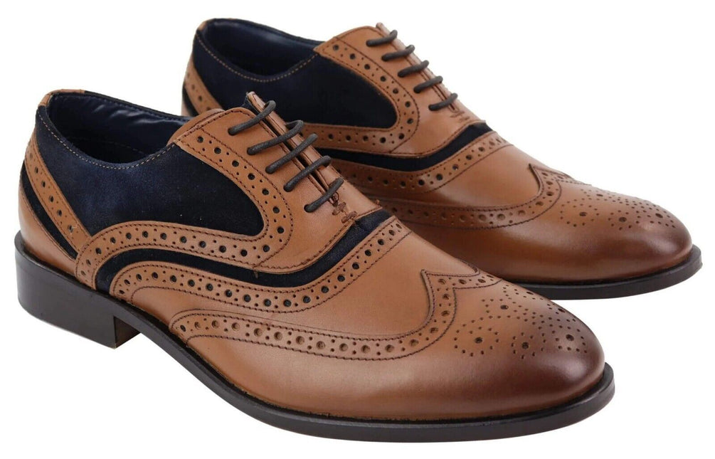 Mens Retro Oxford Navy Suede Brogue Shoes In Tan Leather