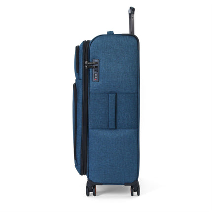 Soft Shell Blue Linen Suitcase Set 8 Wheel Lightweight Travel Luggage