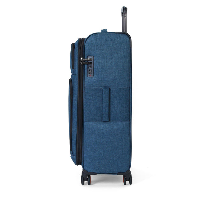 Soft Shell Blue Linen Suitcase Set 8 Wheel Lightweight Travel Luggage