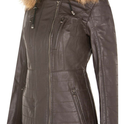 Womens Slim Fit Leather Hooded Parka Jacket-Northam