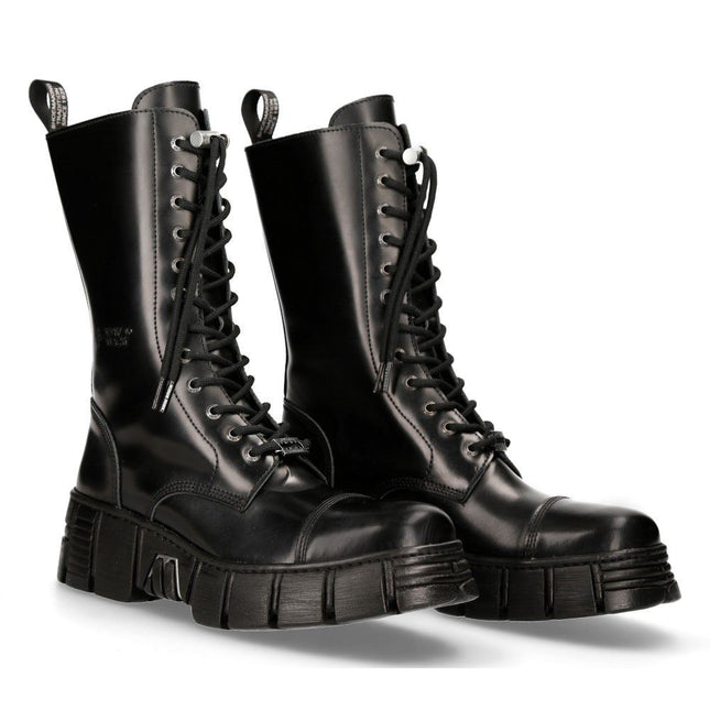 New Rock Black Leather Mid-Calf Tower Biker Boots-M-Wall127N-C1