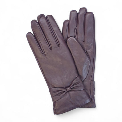 Womens Purple Italian Leather Winter Bow Design Soft Wool Lining Gloves - L-GLV-401
